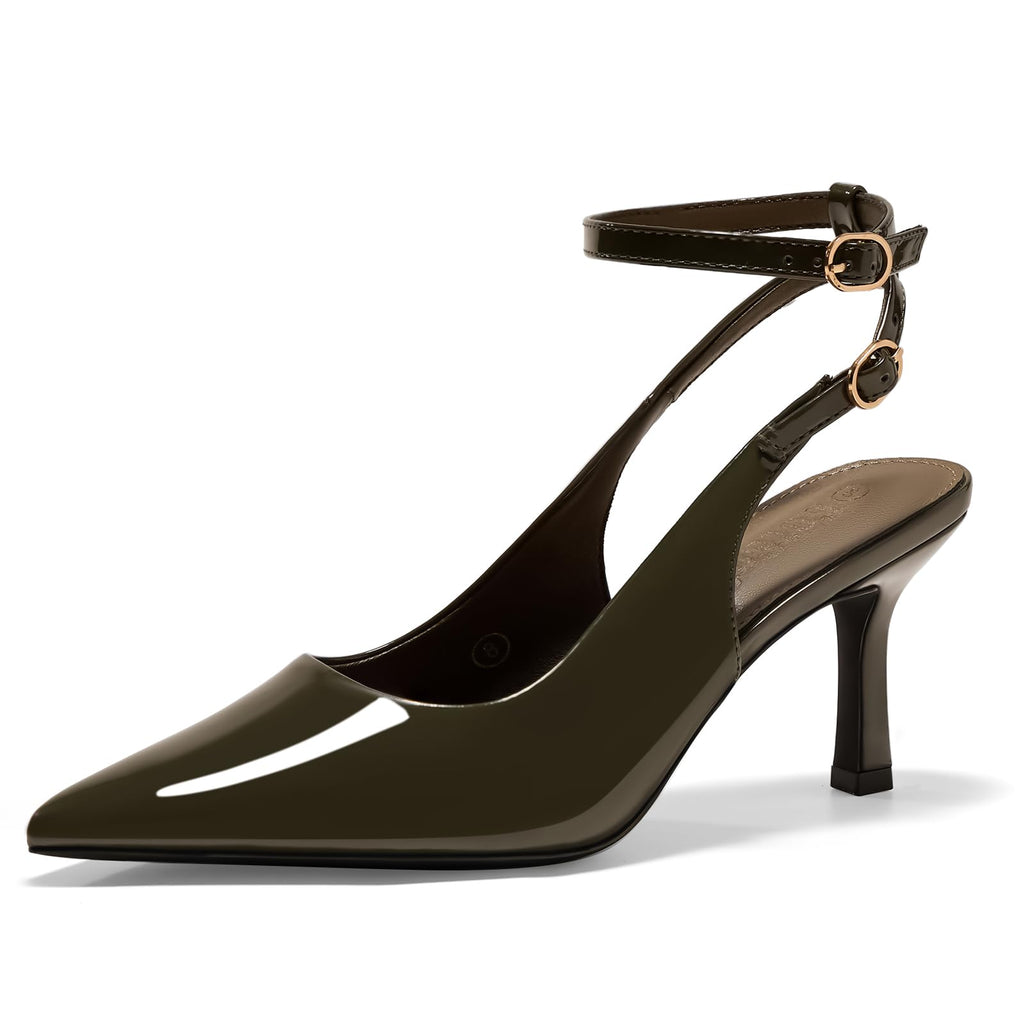 GotSoft Womens Pointed Toe High Heels Slingback Stiletto Ankle Strap Pumps Dress Shoes, Army Green, Size 6