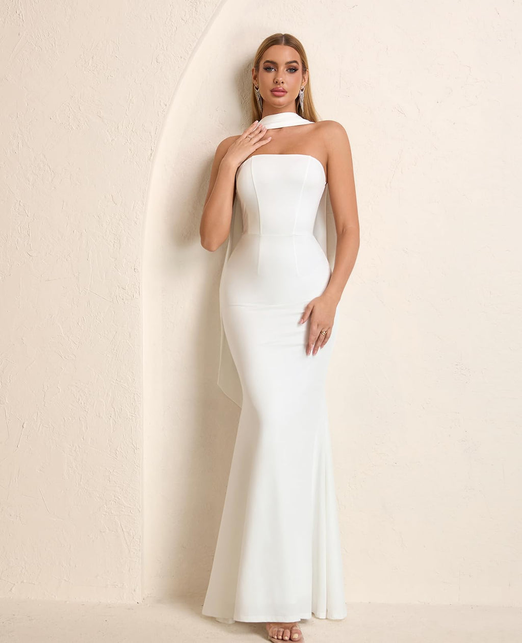 Auraxe 2026 Women's Bodycon Formal Maxi Dresses Elegant Tube Summer Wedding Guest Cocktail Party Dress with Scarf White