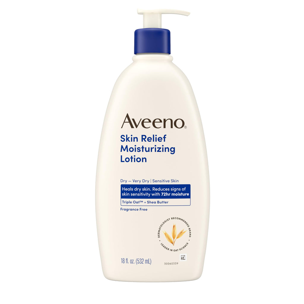 Aveeno Skin Relief Moisturizing Lotion Heals Very Dry, Sensitive Skin, Fast-Absorbing Body Lotion with Soothing Triple Oat & Shea Butter Formula, Fragrance Free, Non-Comedogenic, 18 fl. oz