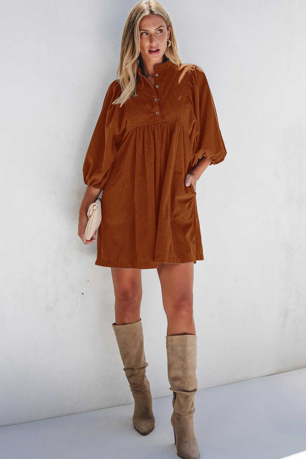 Opemiby Womens Casual Dresses Corduroy Button Up Empire Waist 3/4 Sleeve Fall Winter Mini Babydoll Dress Gold Flame L