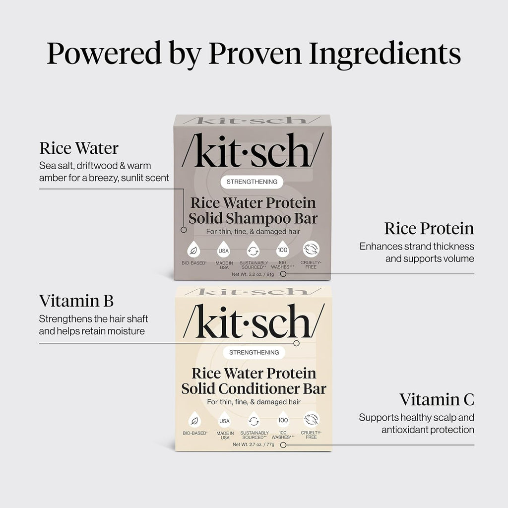 Kitsch Rice Water Shampoo & Conditioner Set – Solid Shampoo & Conditioner Bar with Protein for Hair Growth, Strengthening Hair & Damage Repair – Paraben, Sulfate & Silicone Free – 2 Pack