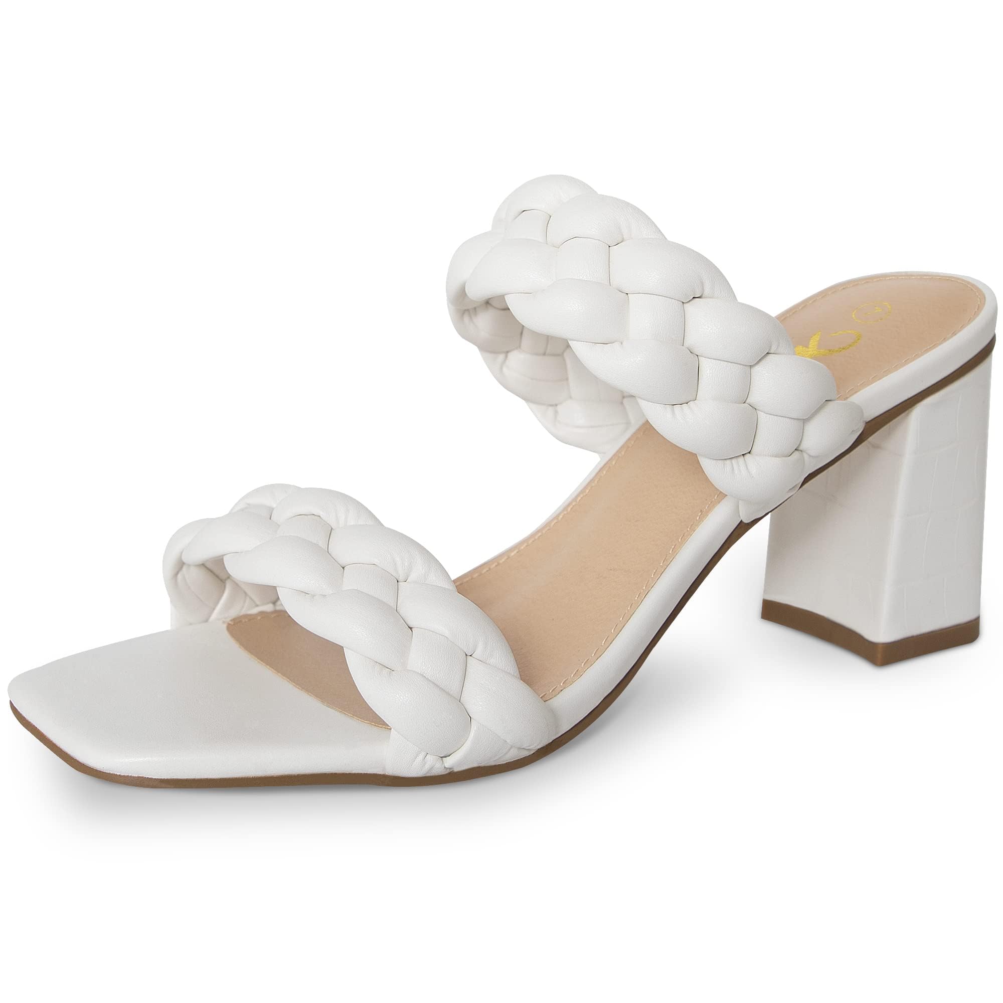 Athlefit White Braided Heeled Sandals for Women Fashion Square Open Toe Comfortable Slip on Block Heels Size 8