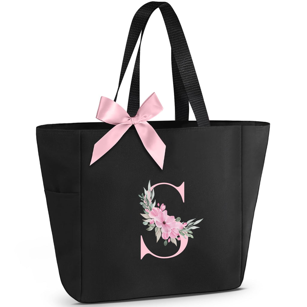 Vavabox Tote Bag, A-Z Initial Monogrammed Waterproof Tote Bag, Bridesmaid Gifts for Women, Black and Pink (S, Black)