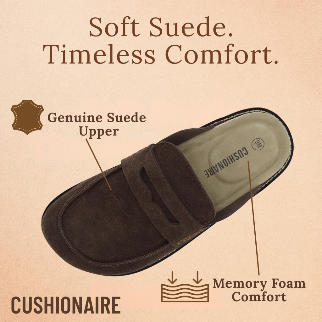 CUSHIONAIRE Wally Loafer-Style Suede Clogs for Men, Slip-On Backless Indoor Outdoor Mens Shoes with Cushioned Footbed, Brown 8