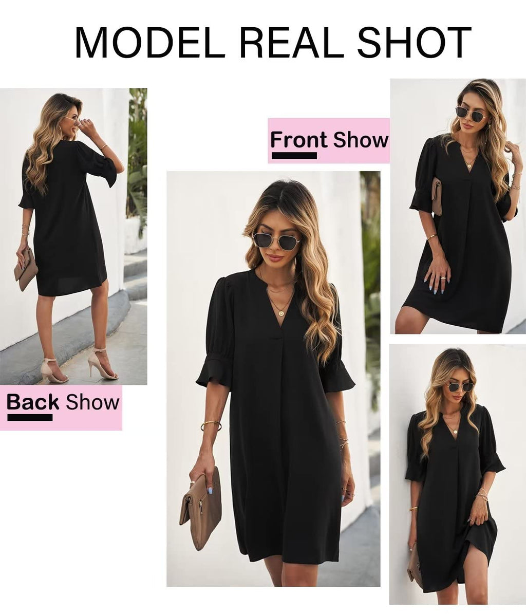 QACOHU Summer Dresses for Women 2026 Casual Ruffle Short Sleeve V-Neck Flowy Swing Shift Dress Black L