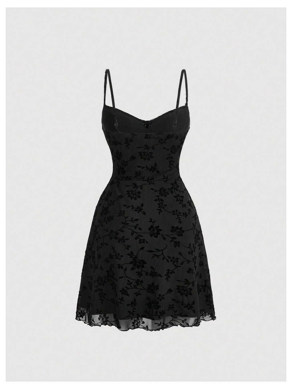 Verdusa Women's Gothic Floral Print Short Cami Dress Tie Front Lettuce Trim Mesh Sleeveless A Line Dresses Black Large