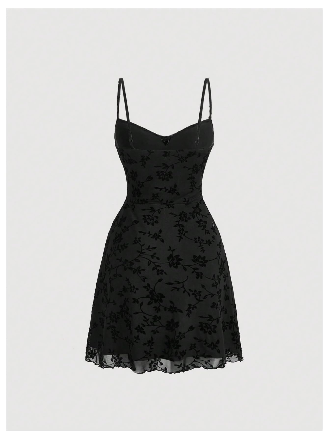 Verdusa Women's Gothic Floral Print Short Cami Dress Tie Front Lettuce Trim Mesh Sleeveless A Line Dresses Black Large