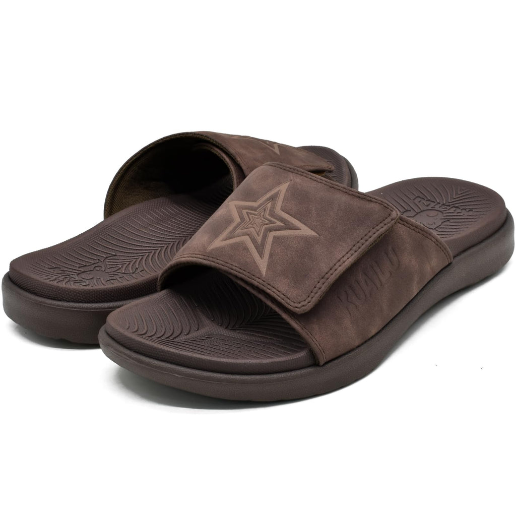 KuaiLu Mens Slides Soft Cushion Sport Sandals with Plantar Fasciitis Arch Support Adjustable Open Toe Summer Slippers Slip on Indoor Outdoor Sandalias Para Hombres, Dark Brown Size 8
