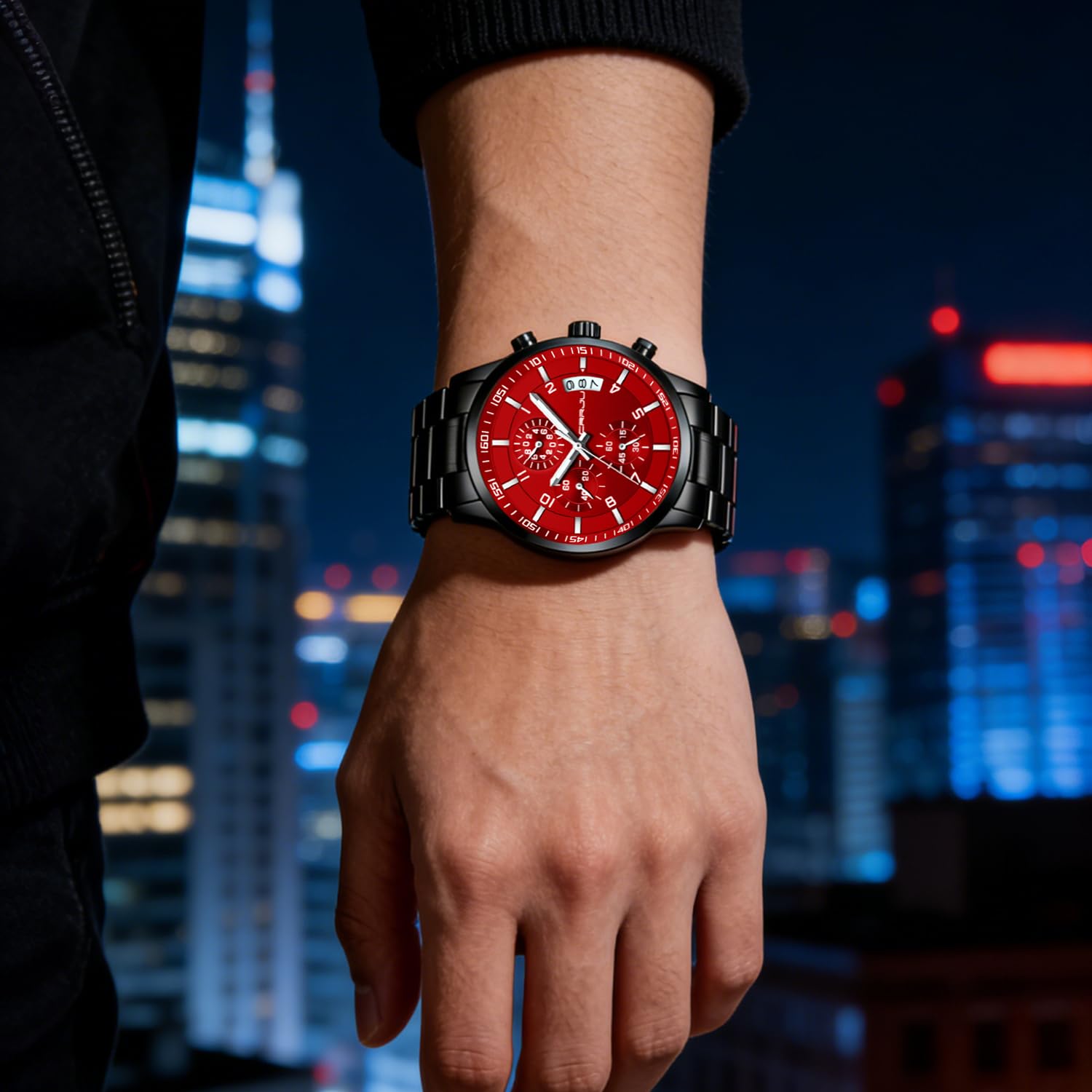 CRRJU Watches Men's Fashion Luxury Stainless Steel Watches Date Waterproof Chronograph Wristwatches,Casual Business Japan Movement Quartz Watch(Black red)