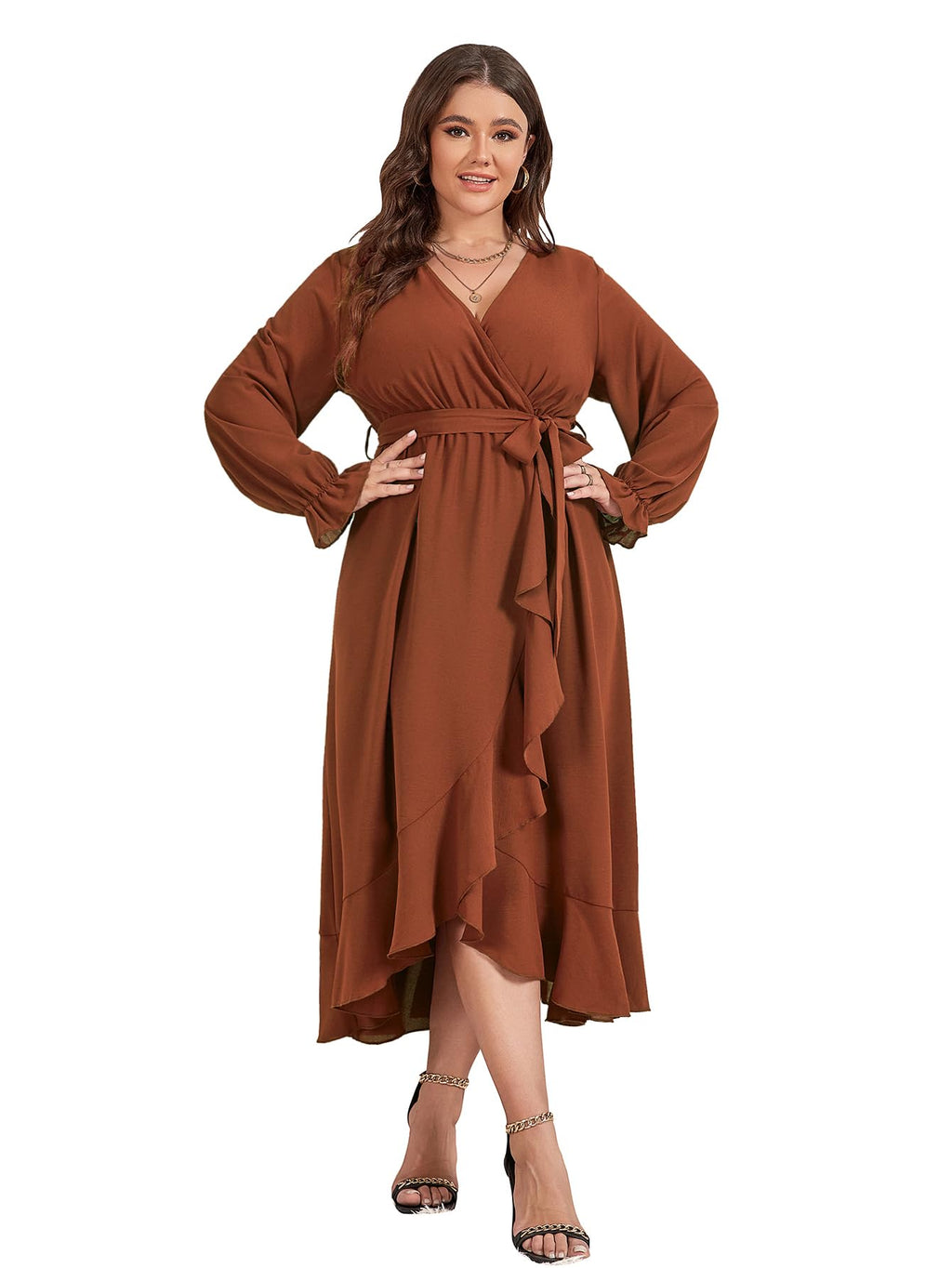 SCOMCHIC Women Plus Size Formal Dresses Fall Long Sleeve Faux Wrap V Neck High Low Ruffle Cocktail Wedding Guest Maxi Dress Rust