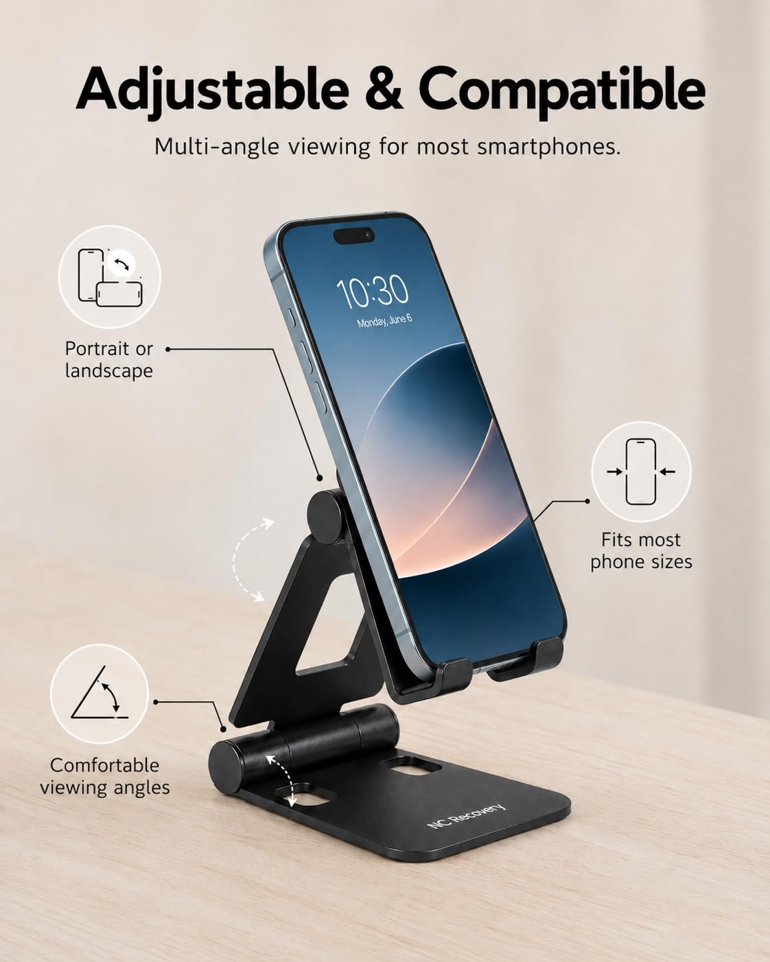 NC Recovery Adjustable Foldable Phone Stand for Desk, Portable Cell Phone Holder with Cable-Friendly Open Base, Compatible with iPhone, Samsung Galaxy and Android Smartphones