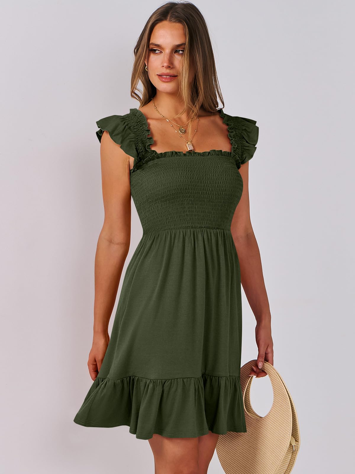 ANRABESS Women's Summer Casual Sleeveless Square Neck Dress 2026 Smocked Ruffle Backless Boho Beach Cute Teen Short Sundress Green Small