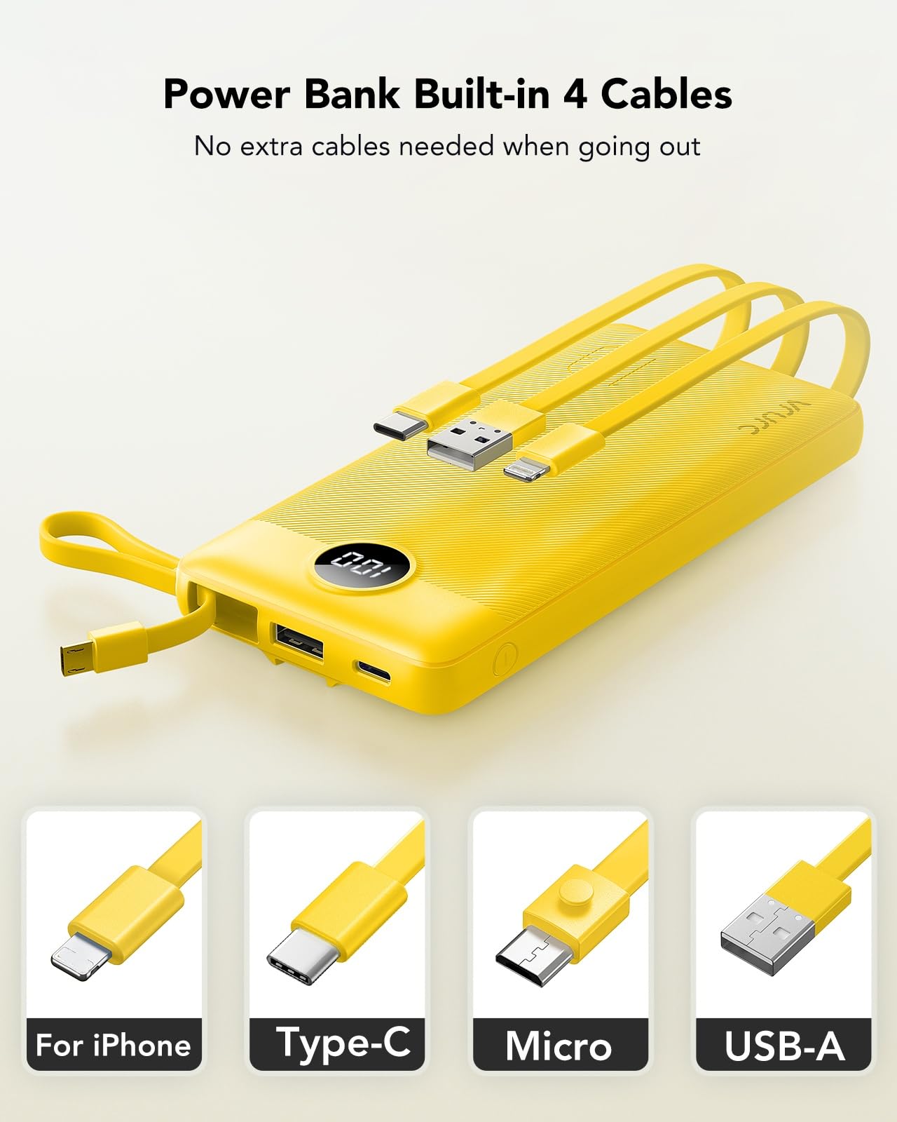 VRURC Portable Charger with Built-in Cables, USB C Portable Phone Charger 10000mAh, Lightweight Power Bank with 5 Output 2 Input Compatible with iPhone 17 16 15 13,Samsung,Android etc-Yellow(1 Pack)