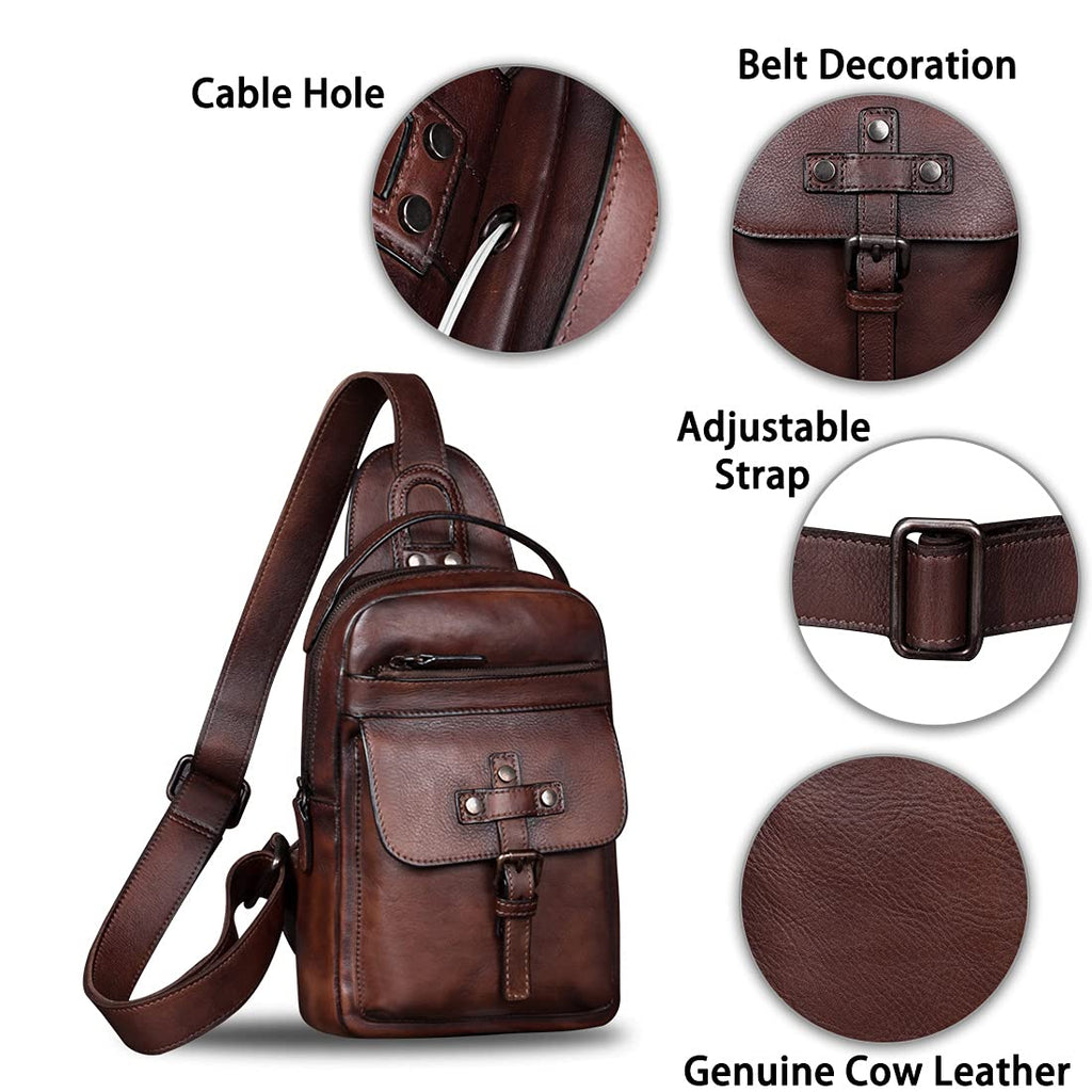 IVTG Genuine Leather Sling Bag Chest Shoulder Fanny Bag Hiking Backpack Vintage Handmade Crossbody Daypack (Coffee)