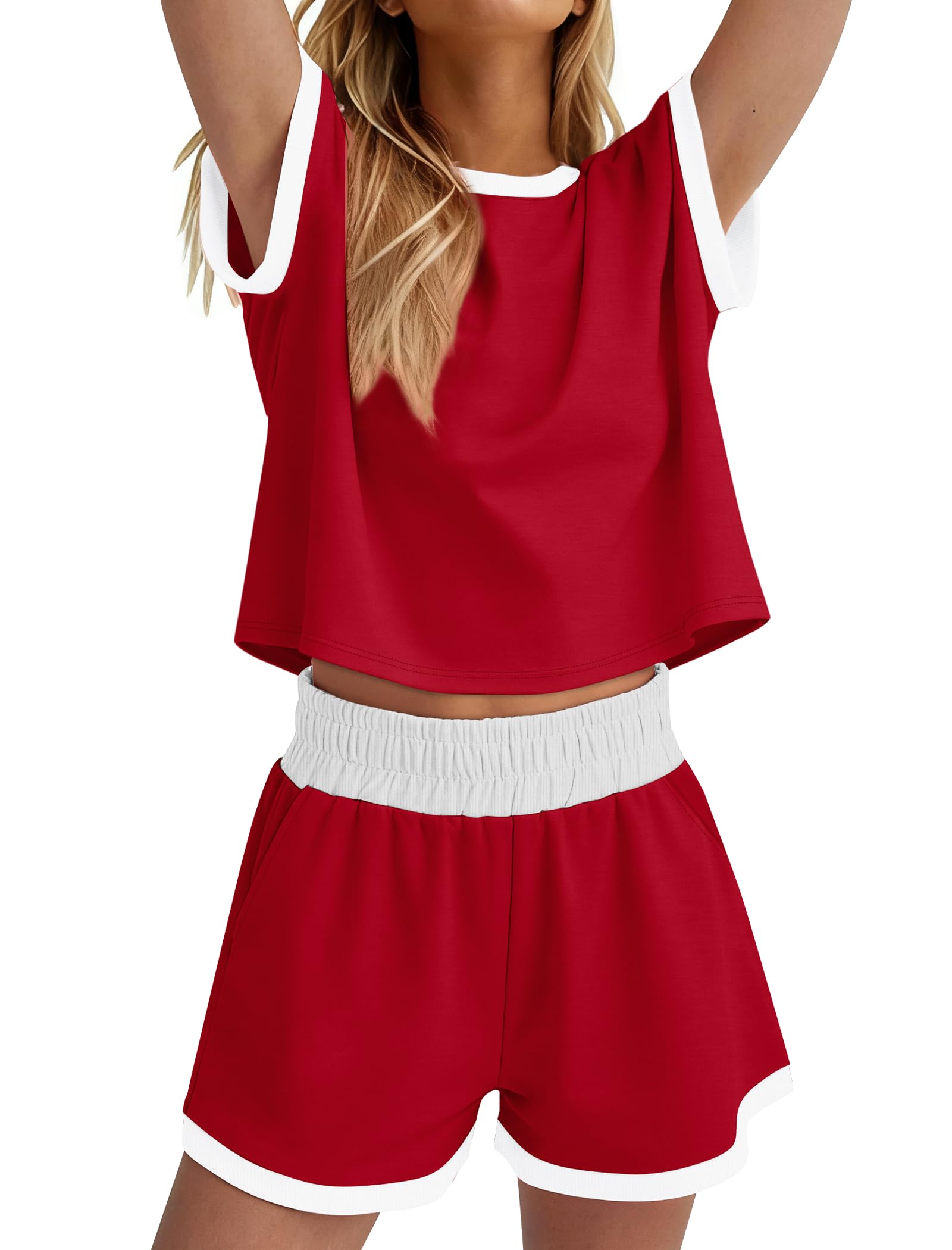 Red Christmas Pajamas Lounge Sets for Women 2 Piece Short Sets for Women Summer Business Casual Travel Comfiest Airport Outfits Beach Vacation Clothes Matching Clothing Fashion Workout Cute Trendy