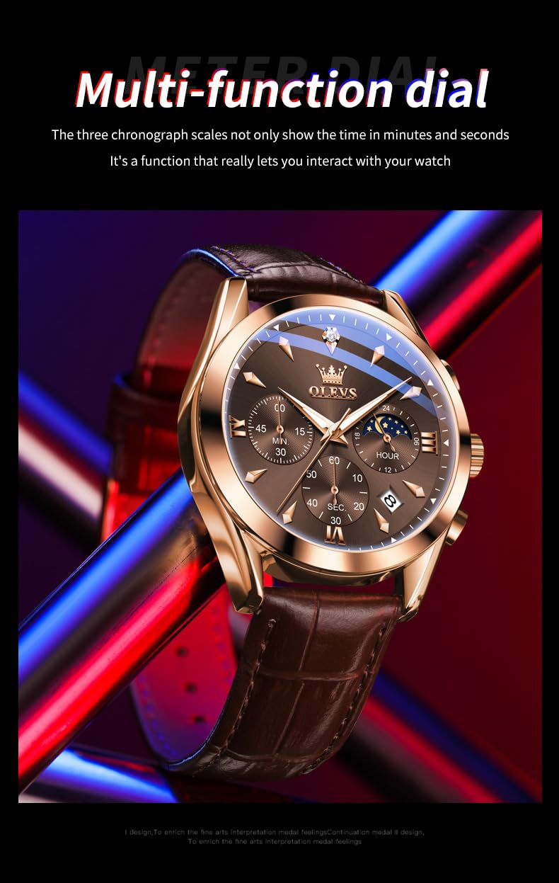 OLEVS Brown Watches for Men Classic Multifunction Chronograph Mens Watches Moon Phase Luminous Waterproof Dress Men's Wrist Watch Luxury Analog Quartz Date Relojes para Hombres