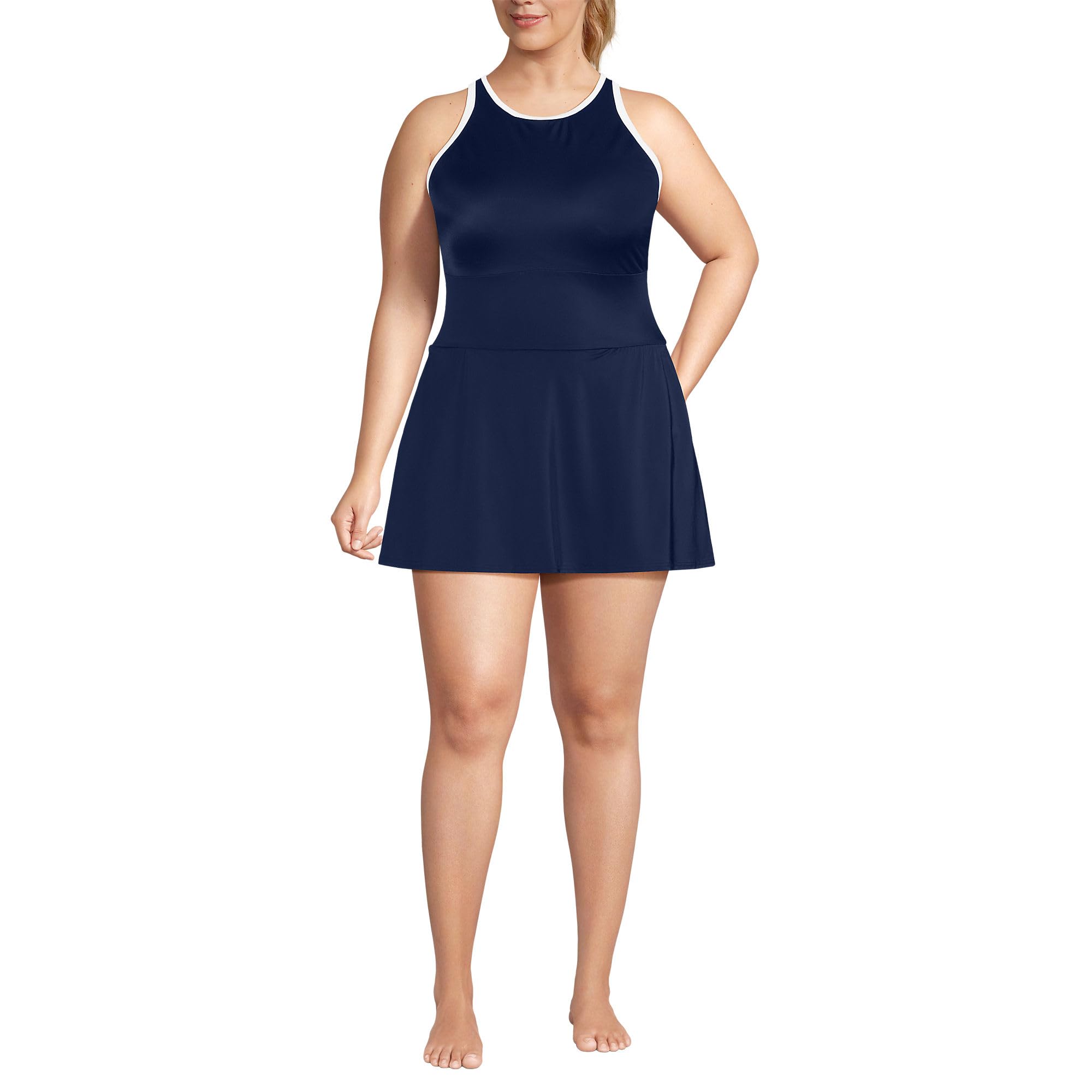 Lands' End Women's Tugless High Neck Swim Dress Swimsuit 0 Deep Sea Navy/White