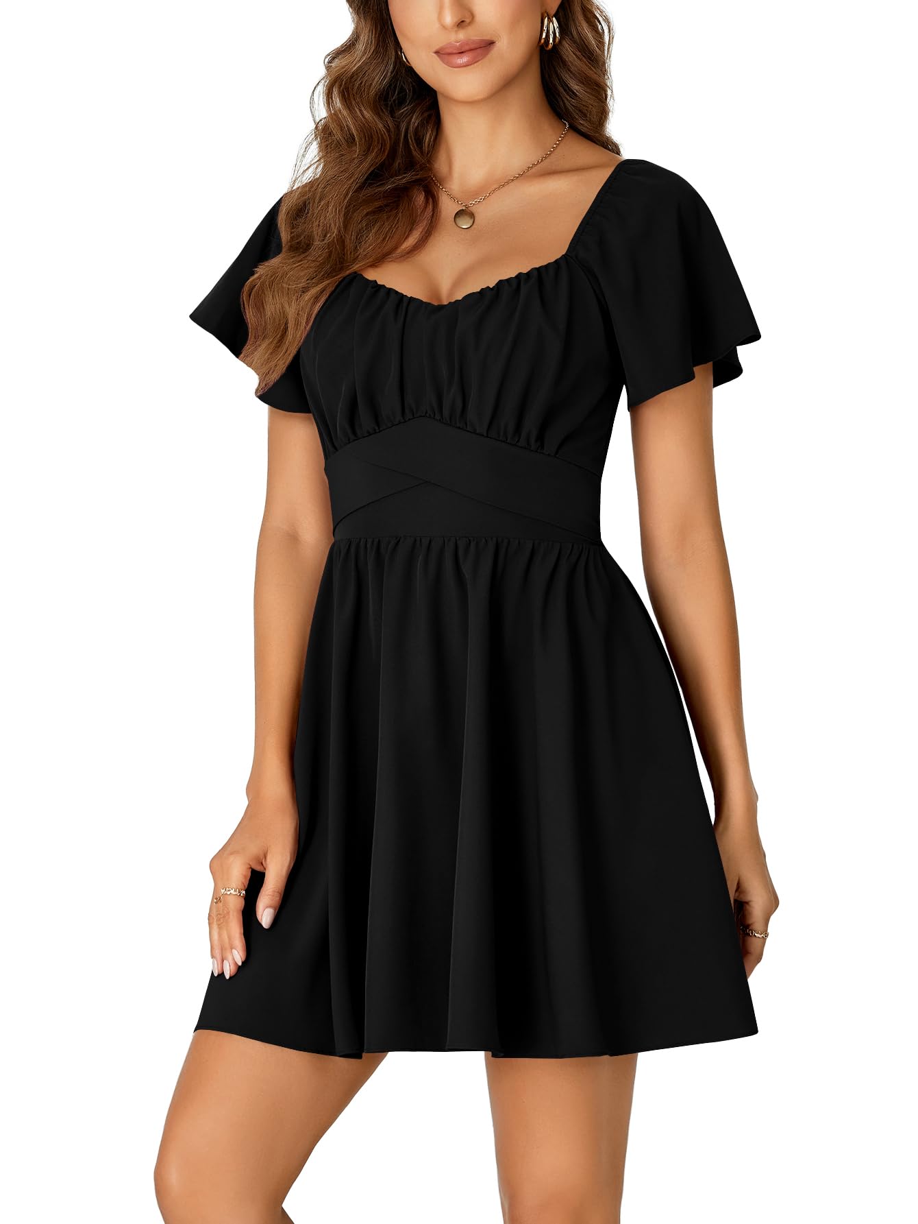 Rooscier Women's Tie Back Square Neck Wrap Ruffle Short Sleeve Flare Mini Dress Black Medium