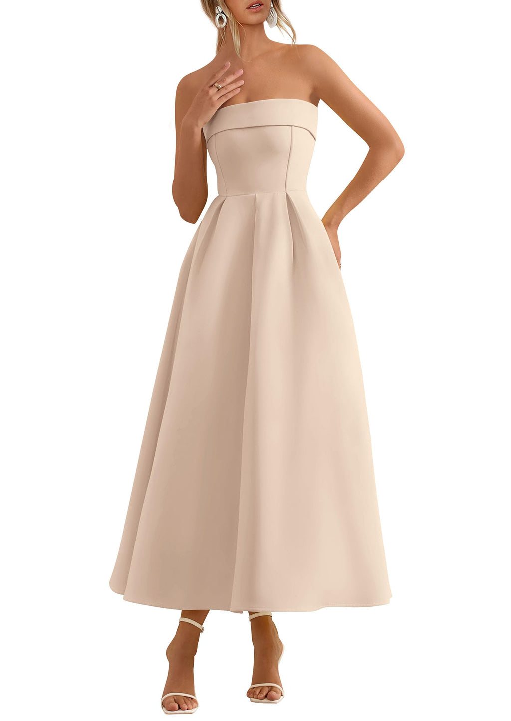 PRETTYGARDEN Cocktail Dresses for Women 2026 Summer Formal Elegant Tube Top Strapless Spring Wedding Guest Party Midi Dress(Beige,Small)