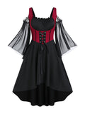 Rosegal Women Plus Size Punk Cold Shoulder Flare Sleeves Lace Up High Low A Line Midi Gothic Dress Renaissance Corset Dress（Black-217/2X）