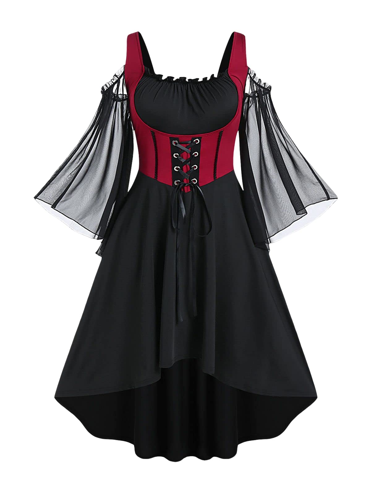 Rosegal Women Plus Size Punk Cold Shoulder Flare Sleeves Lace Up High Low A Line Midi Gothic Dress Renaissance Corset Dress（Black-217/2X）