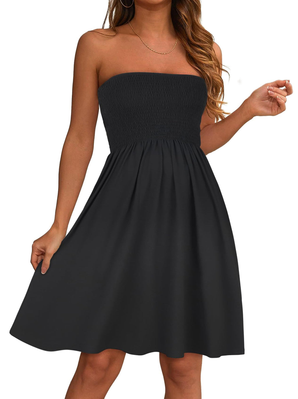 elescat Summer Dresses for Women Strapless Casual Beach Cover Ups Tube Top Sundress（Black, L