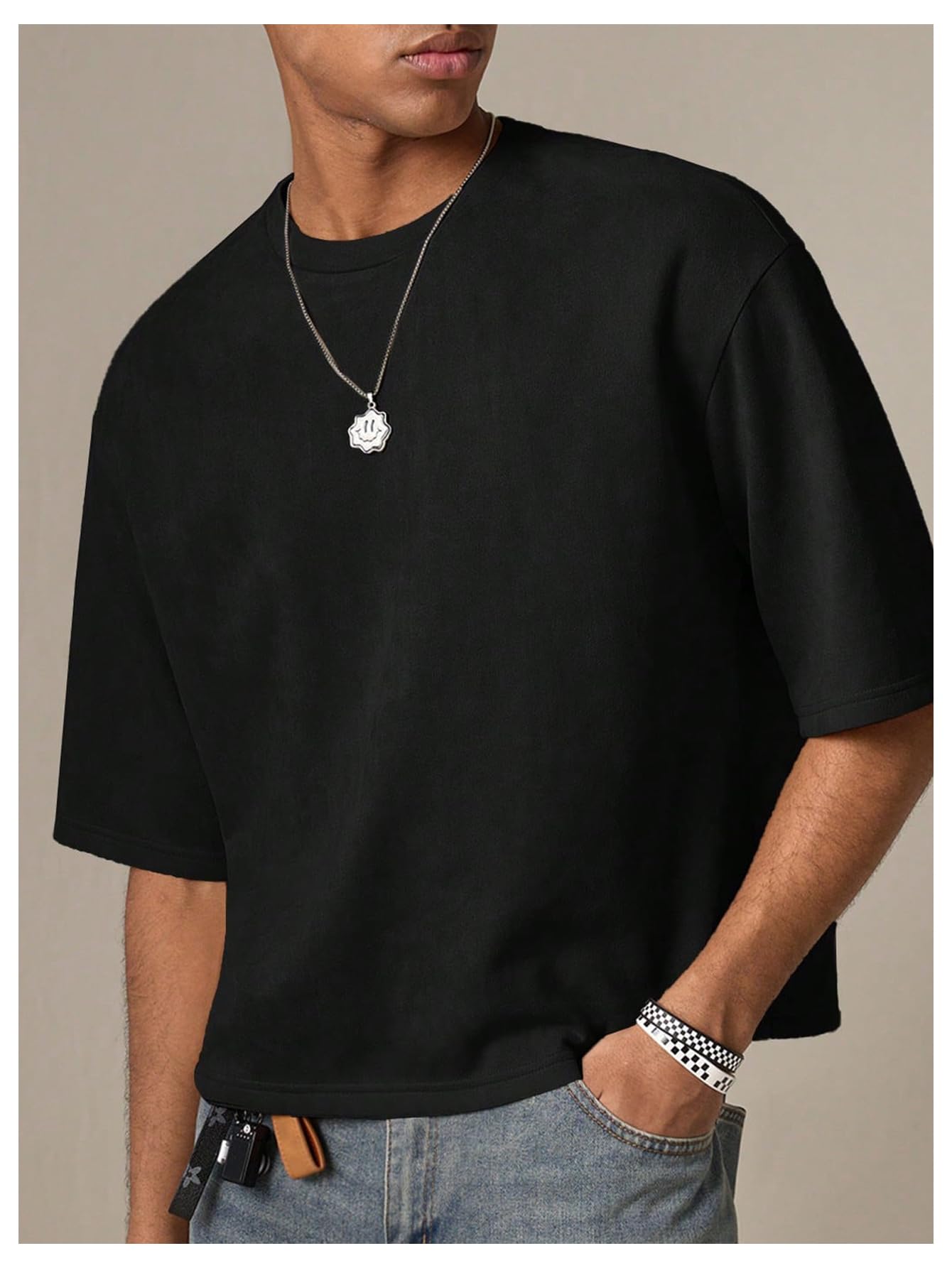 GORGLITTER Men's Cropped T Shirt Boxy Crop Tees Top Number Graphic Short Sleeve Crewneck Faux Suede Shirts Streetwear Black Small