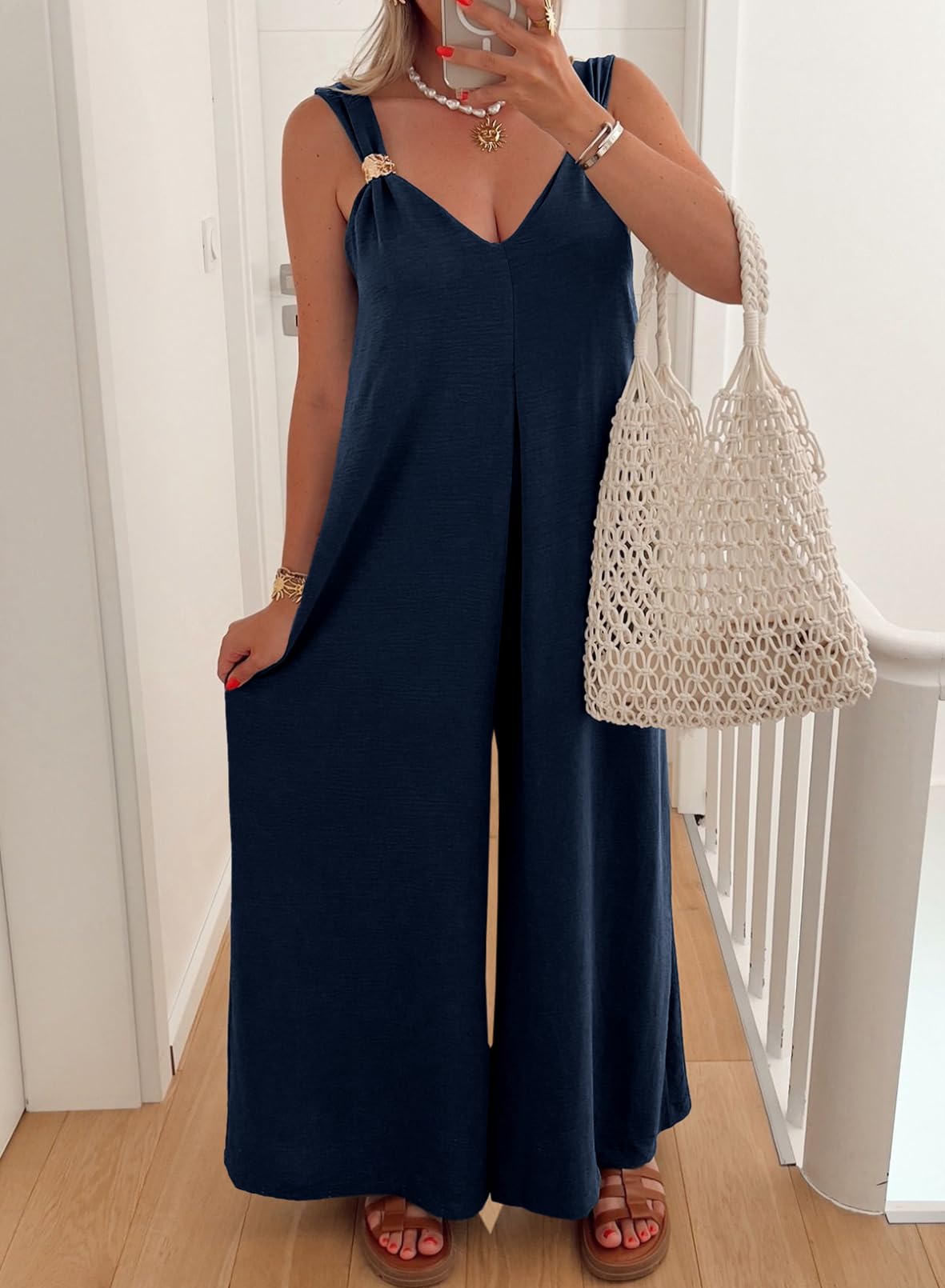 Acelitt Women Casual 2026 One Piece Jumpsuits Dressy Fashion Summer V Neck Sleeveless Loose Wide Leg Long Pant Rompers Outfits Blue XL