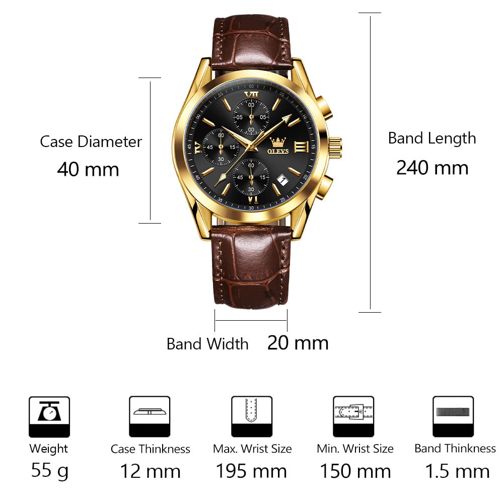 OLEVS Men's Round Watches with Leather Band Auto Date Quartz Watches for Men Black Dial Roman Number Men's Chronograph Watch Rose Gold Bezel Three Hands Classic Mens Sports Wristwatch Reloj De Hombre