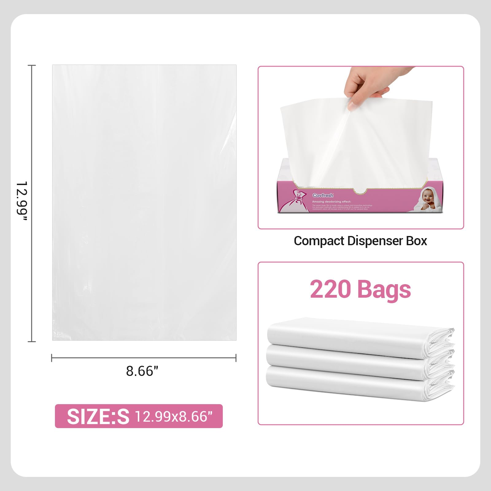 Covfresh Odor Sealing Baby Diaper Disposable Bags - S/220 Counts Unscented, Durable Diaper Sacks for Home, Travel & On-the-Go Use (Color:White)
