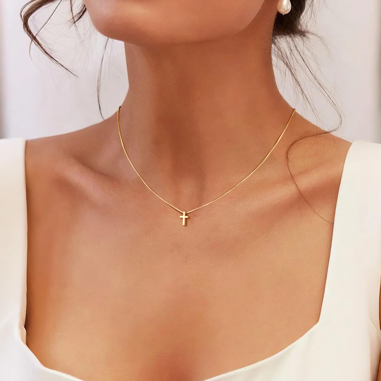 Poxtex Gold Cross Necklace for Women Teen Girls Dainty Cute 14K Gold Plated Small Cross Pendant Trendy Jewelry Non Tarnish Waterproof Simple Tiny Necklace Religious Christian Baptism Jesus Faith Gifts Stuff