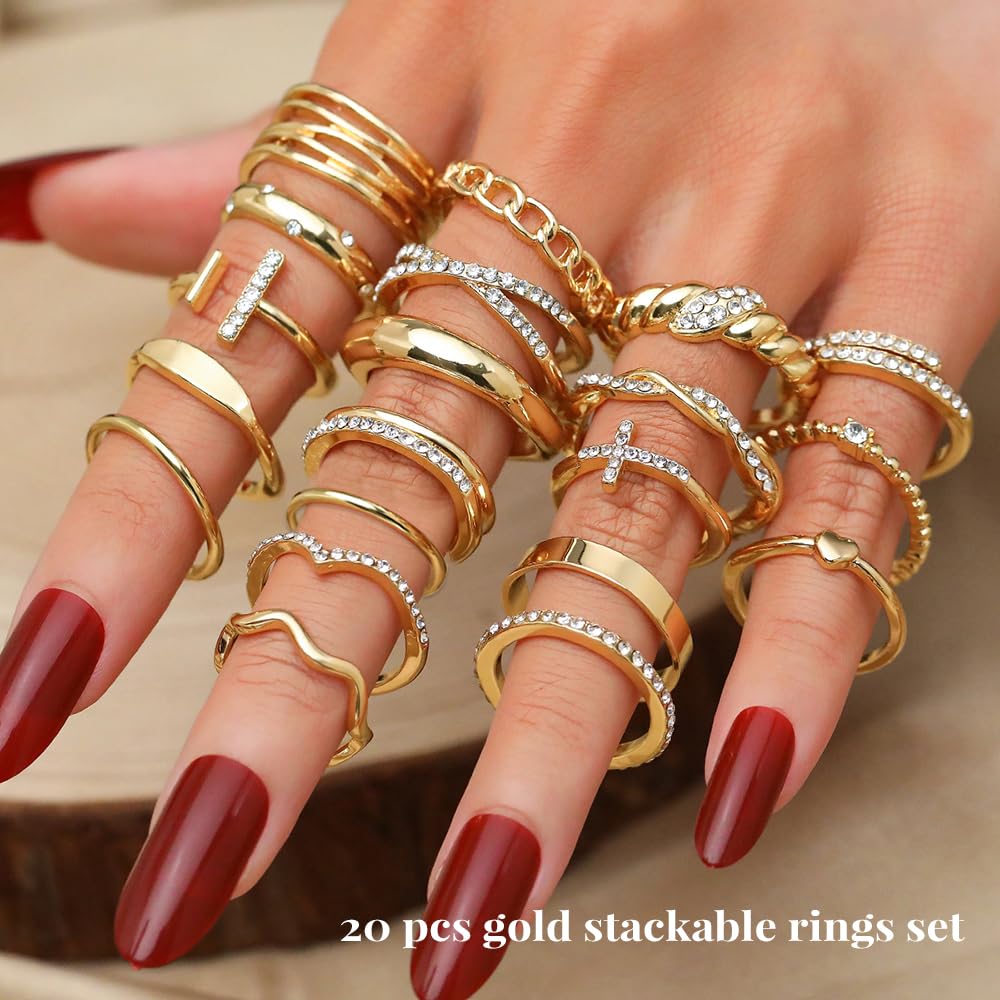 KISS WIFE Gold Silver Black Kunckle Rings Set for Women , Dainty Simple Trendy Cute Stackable Finger Rings Pack, Perfect for Stacking Layering on Thumb and Knuckle, Mixed Size, Jewelry Gift (Gold-Sparkling)