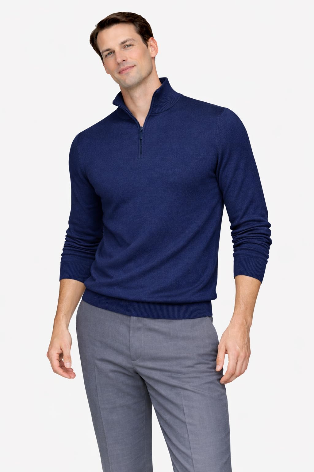 State Cashmere Men's Half Zip Mock Neck Sweater 100% Pure Cashmere Polo Neck Pullover (Navy, Medium)