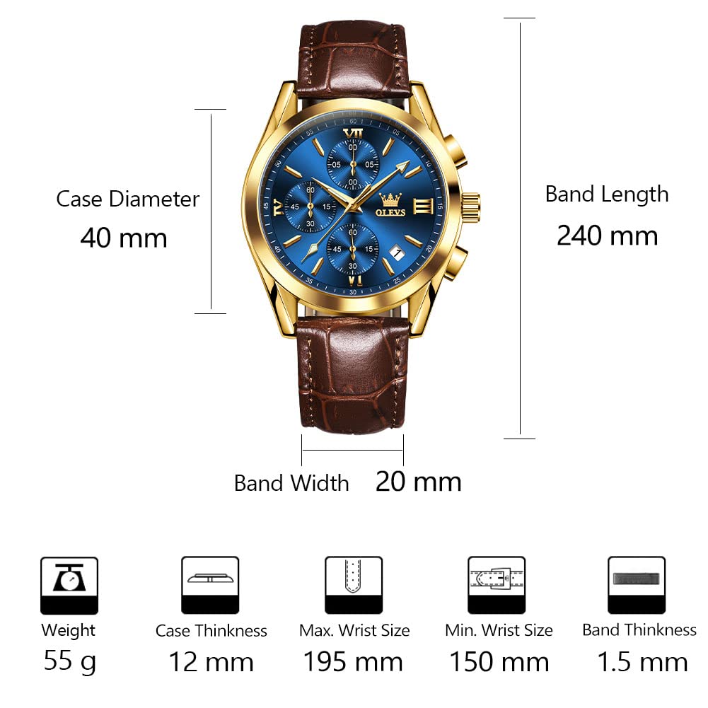 OLEVS Brown Leather Watch for Men Stainless Steel Large Face Quartz Wrist Watches Roman Number Luxury Mens Water Resistant Chronograph Watch Calendar Display Classic Blue Men's Cuff Watches Easy Wear