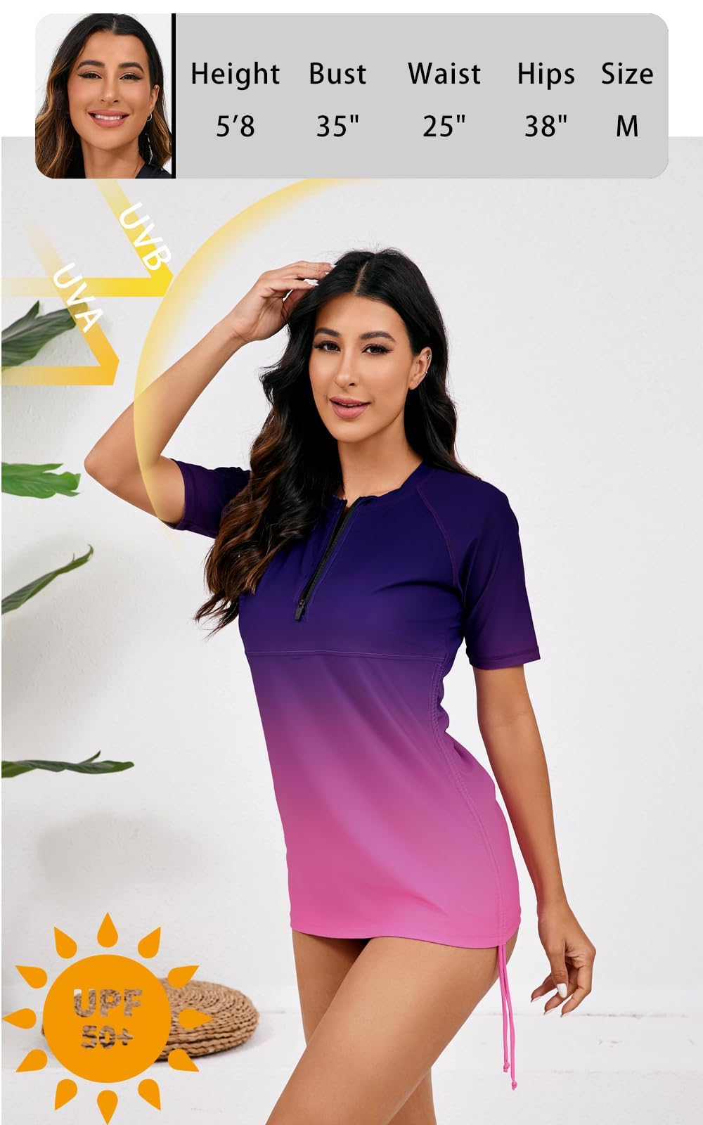 Halcurt Women's Half Zip Short Sleeve Rash Guard Swim Shirt with Tie Drawstring UPF50+ Swimsuit Top Ombre Purple Pink XL