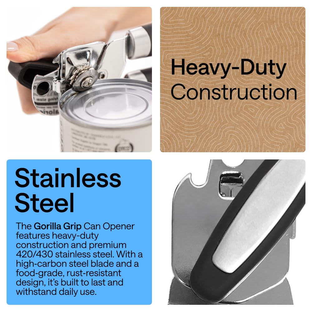 GORILLA GRIP Heavy Duty Stainless Steel Smooth Edge Manual Can Opener and Bottle Openers, US Designed, Soft Comfortable Handle, Oversized Handheld Turn Knob, Multifunctional Kitchen Tool, Black