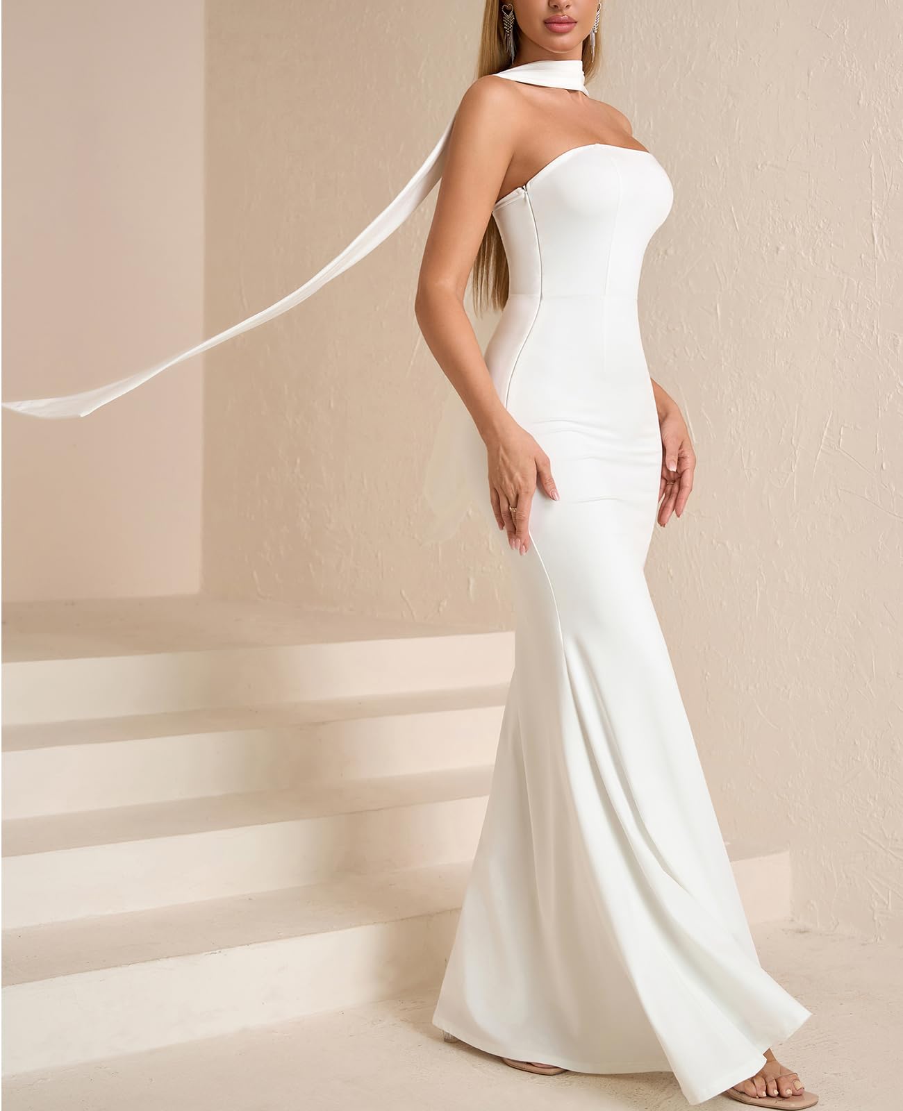 Auraxe 2026 Women's Bodycon Formal Maxi Dresses Elegant Tube Summer Wedding Guest Cocktail Party Dress with Scarf White