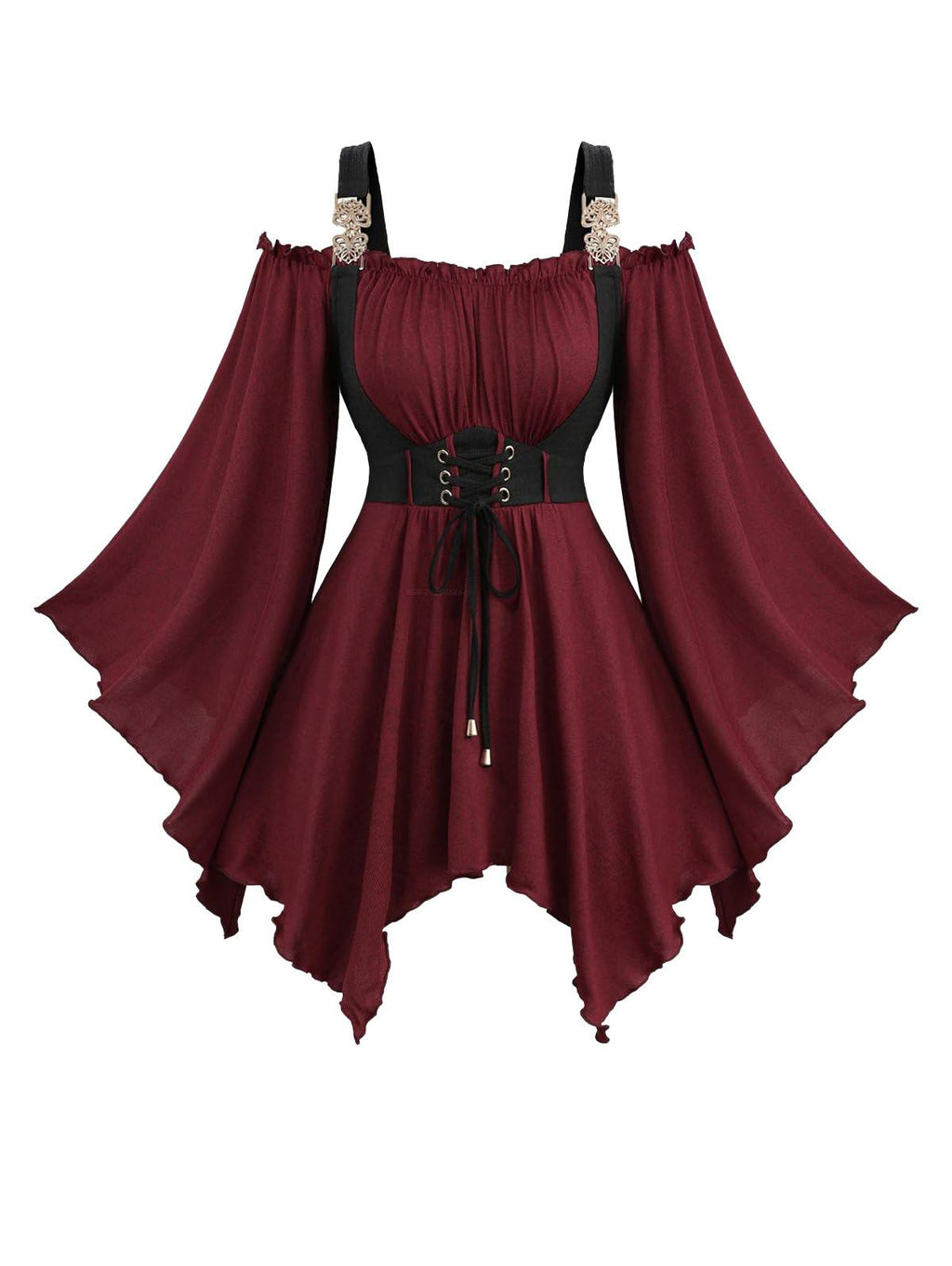 ROSE GAL Plus Size Women Medieval Renaissance Underbust Corset Blouse Off Shoulder Trumpet Sleeves Peasant Tops Shirt Victorian Goth Renaissance Costume(Red_1/1X)