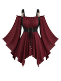 ROSE GAL Plus Size Women Medieval Renaissance Underbust Corset Blouse Off Shoulder Trumpet Sleeves Peasant Tops Shirt Victorian Goth Renaissance Costume(Red_1/1X)