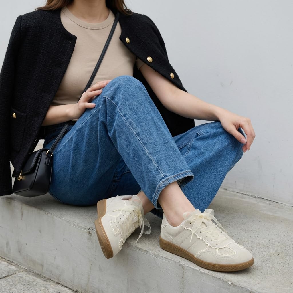 CUSHIONAIRE Belinda Women’s Lace Detail Casual Sneakers – Elegant Ribbon Lace-Up Summer Shoes for Women with Memory Foam, IVORY 8