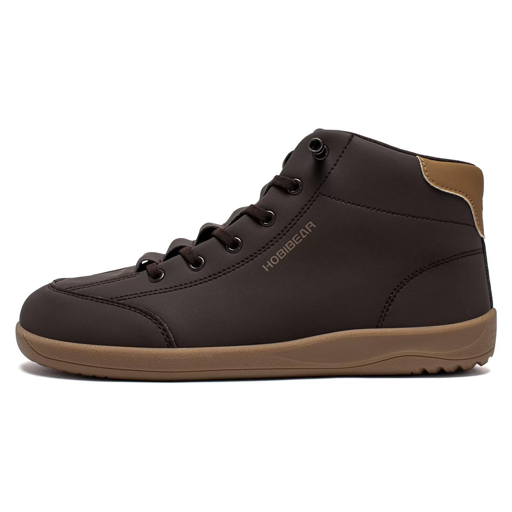 HOBIBEAR Leather Barefoot Boots Zero-Drop Wide Width Minimalist Shoes Unisex Mid Top Walking Boots(Dark Brown Women 11,Men 10)