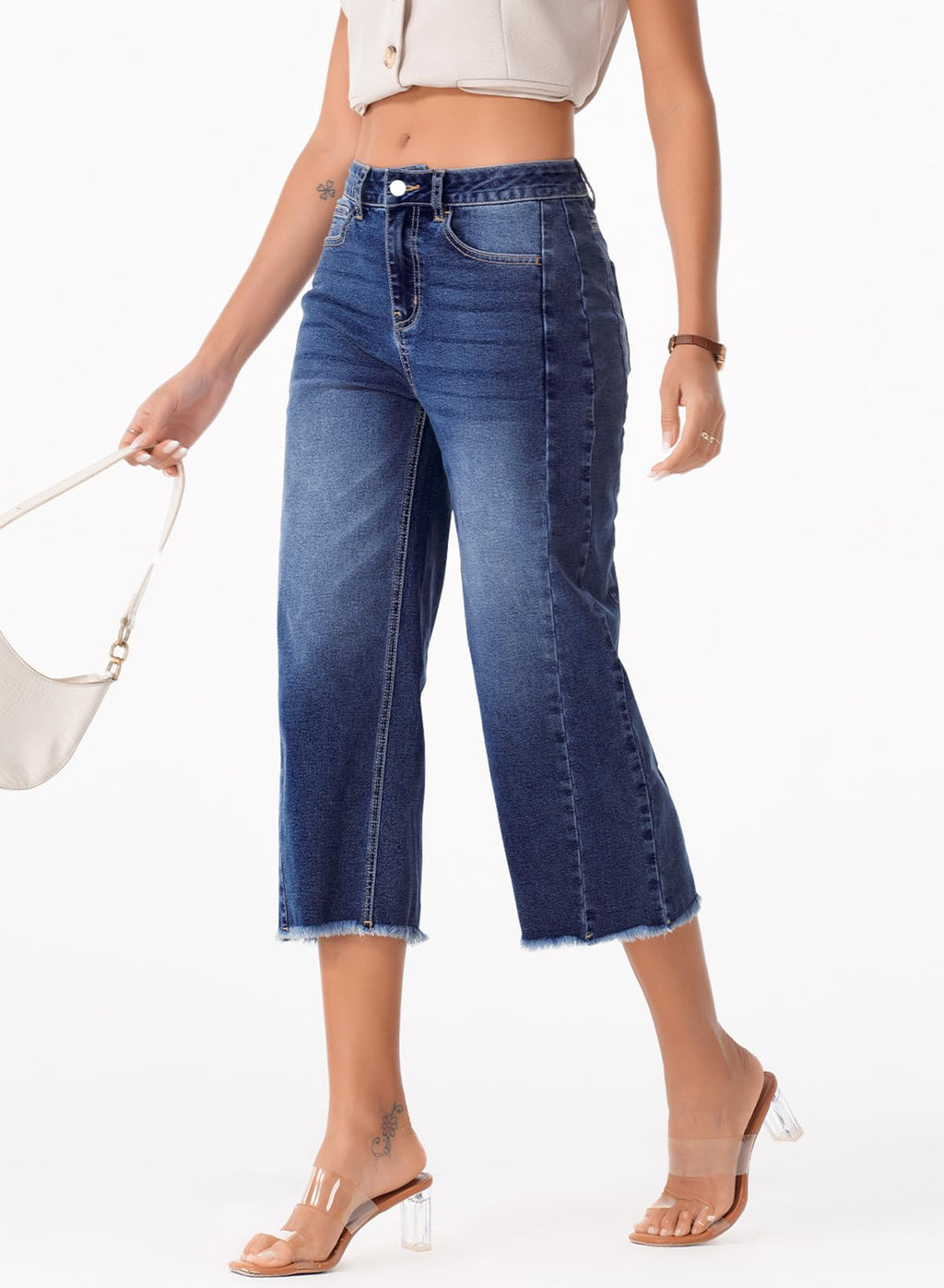 Sidefeel Women's High Waisted Jeans Stretchy Straight Leg Raw Hem Capri Pants Size 8 Dark Blue