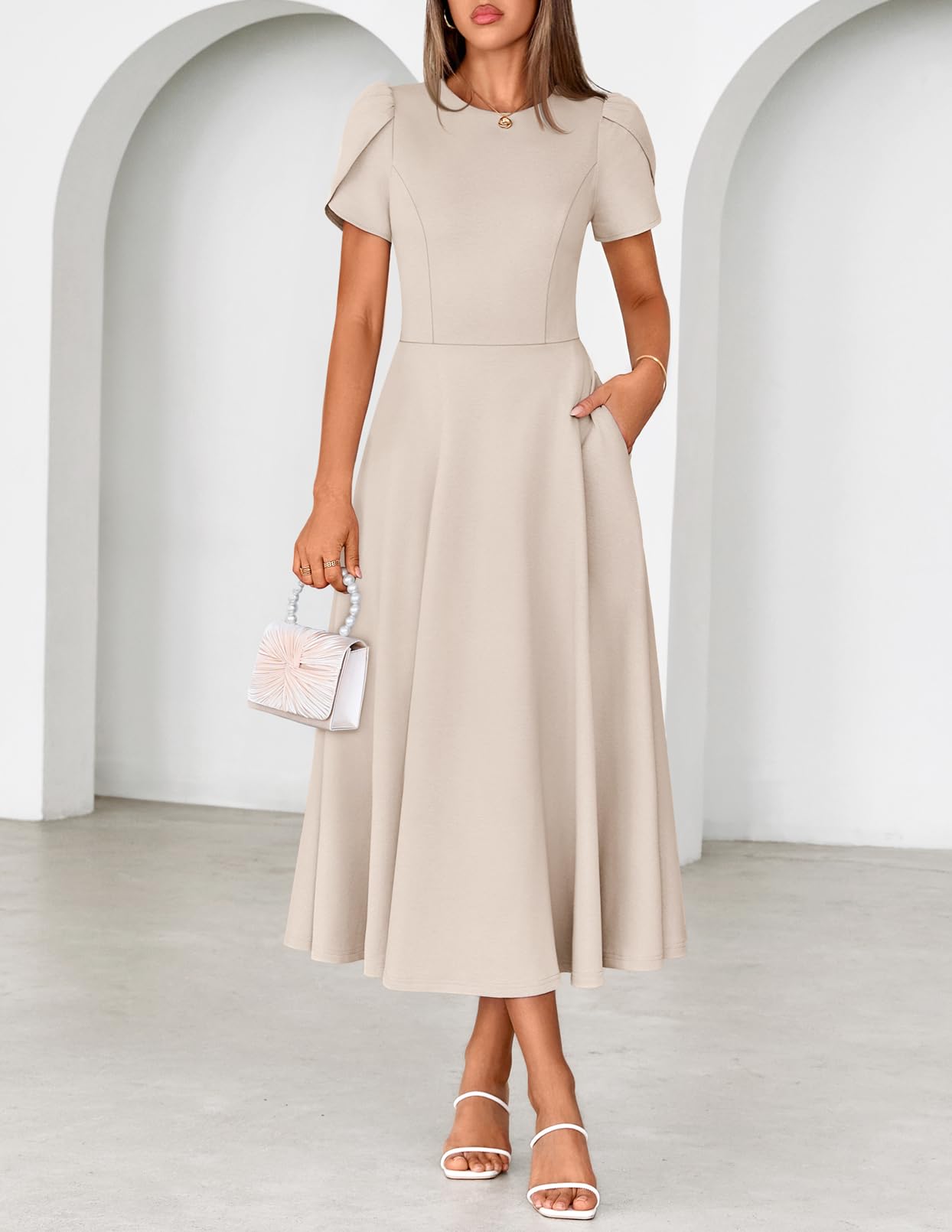MEROKEETY Women's 2026 Summer Midi Dresses Short Sleeve Crewneck A Line Pleated Wedding Guest Flowy Long Dress with Pockets, Apricot, Large