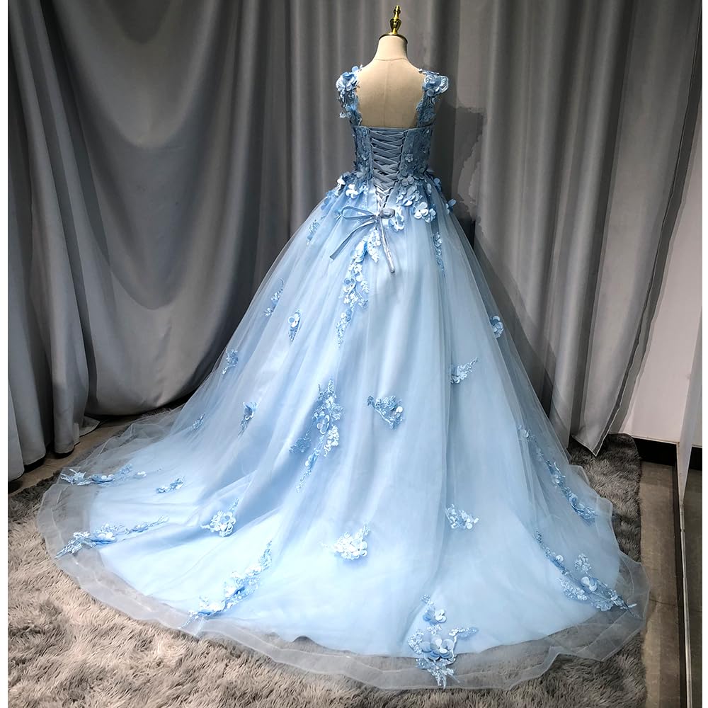 Ball Gown Tulle Off-The-Shoulder Sleeveless Applique Sweep/Brush Train Quinceanera Dresses Sky Blue