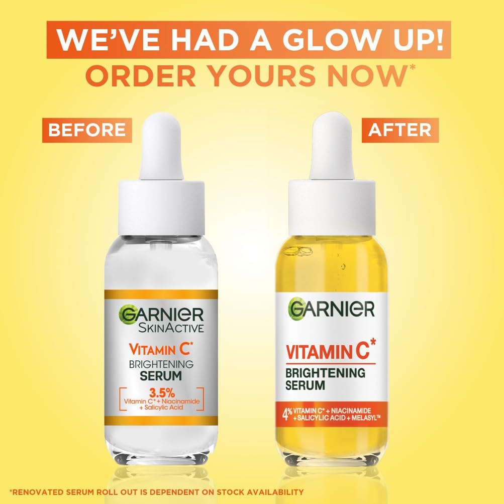 Garnier Vitamin C Brightening Serum for Face, with 4% Vitamin C, Niacinamide & Salicylic Acid, Brightens Skin, Reduces Dark Spots & Evens Skin Tone, Serum 30ml