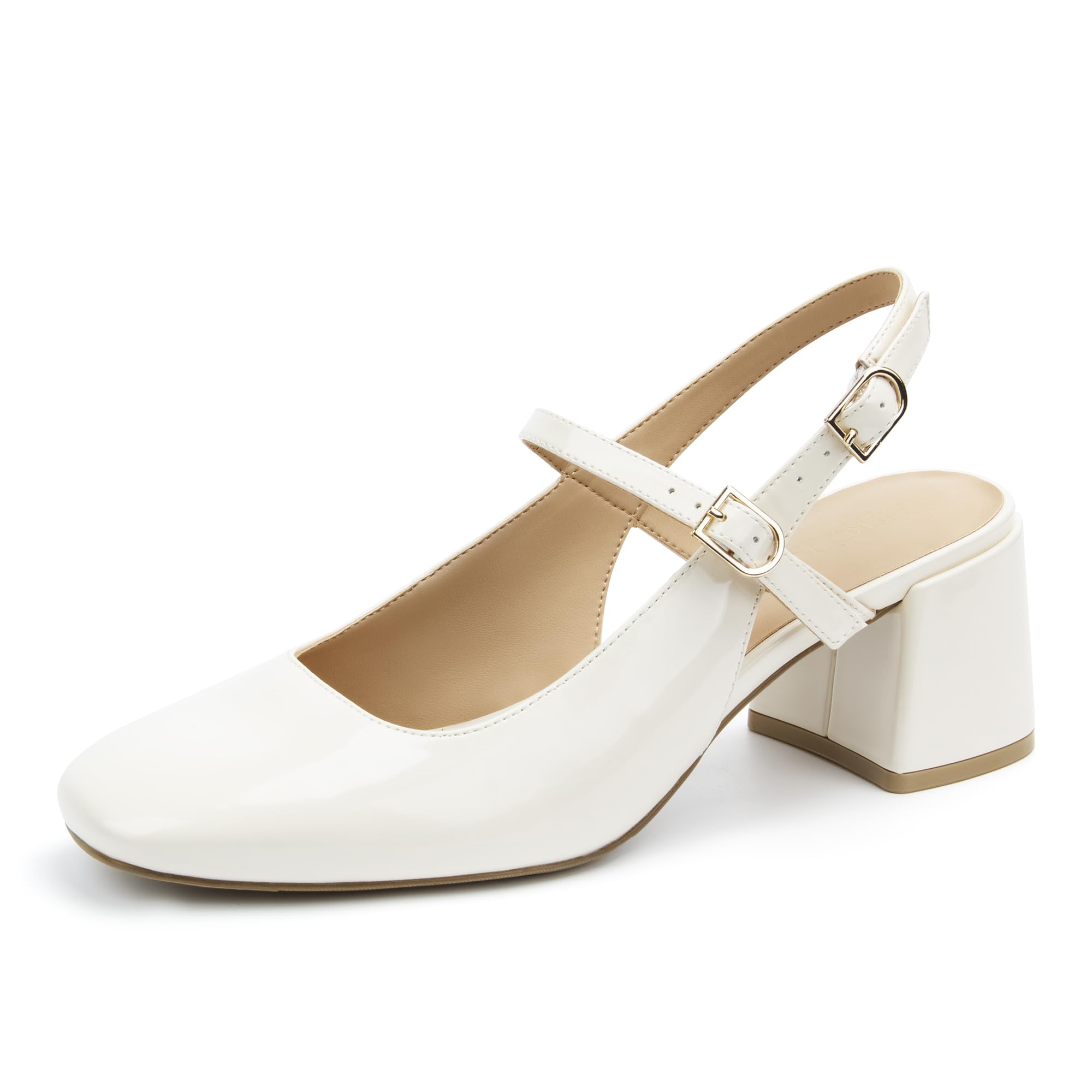 AprCoco Womens Mary Jane Chunky Low Heels Pumps Square Toe Buckle Strap Wedding Party Dress Shoes,Size 06，Beige