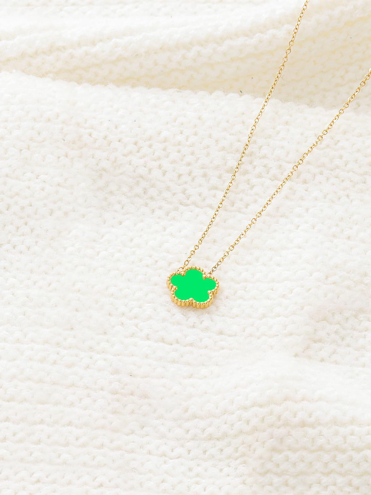 Qinpan 14K Gold Four Leaf Clover Necklaces for Women Lucky Flower Jewelry (Lime Green-14K Gold)
