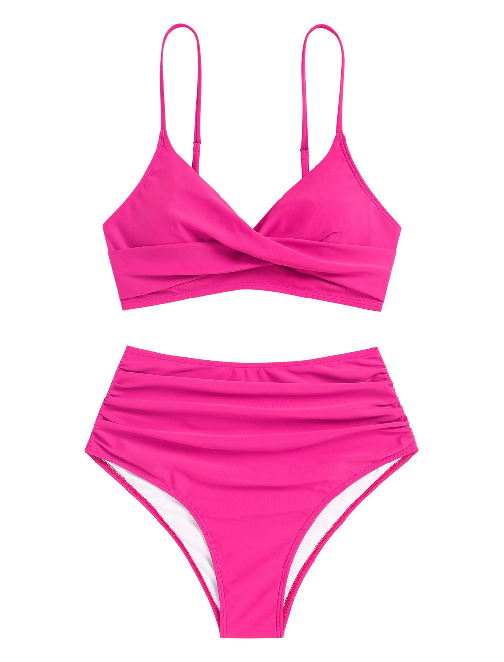 ZAFUL Women High Waisted Bikini Sets Hot Pink Two Piece Swimsuits 2 Piece Push Up Twist Front Ruched Bathing Suits Hot Pink M