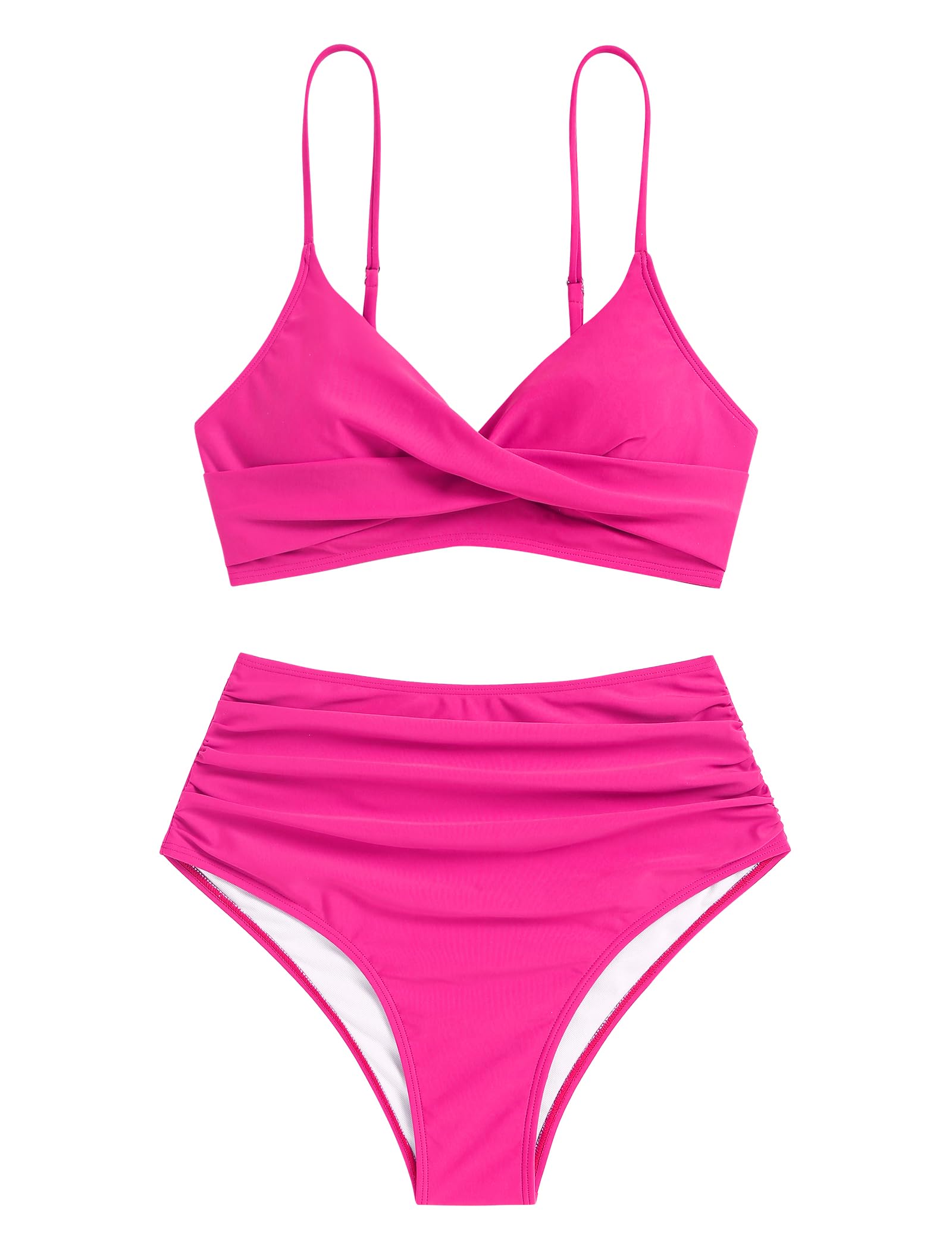 ZAFUL Women High Waisted Bikini Sets Hot Pink Two Piece Swimsuits 2 Piece Push Up Twist Front Ruched Bathing Suits Hot Pink M