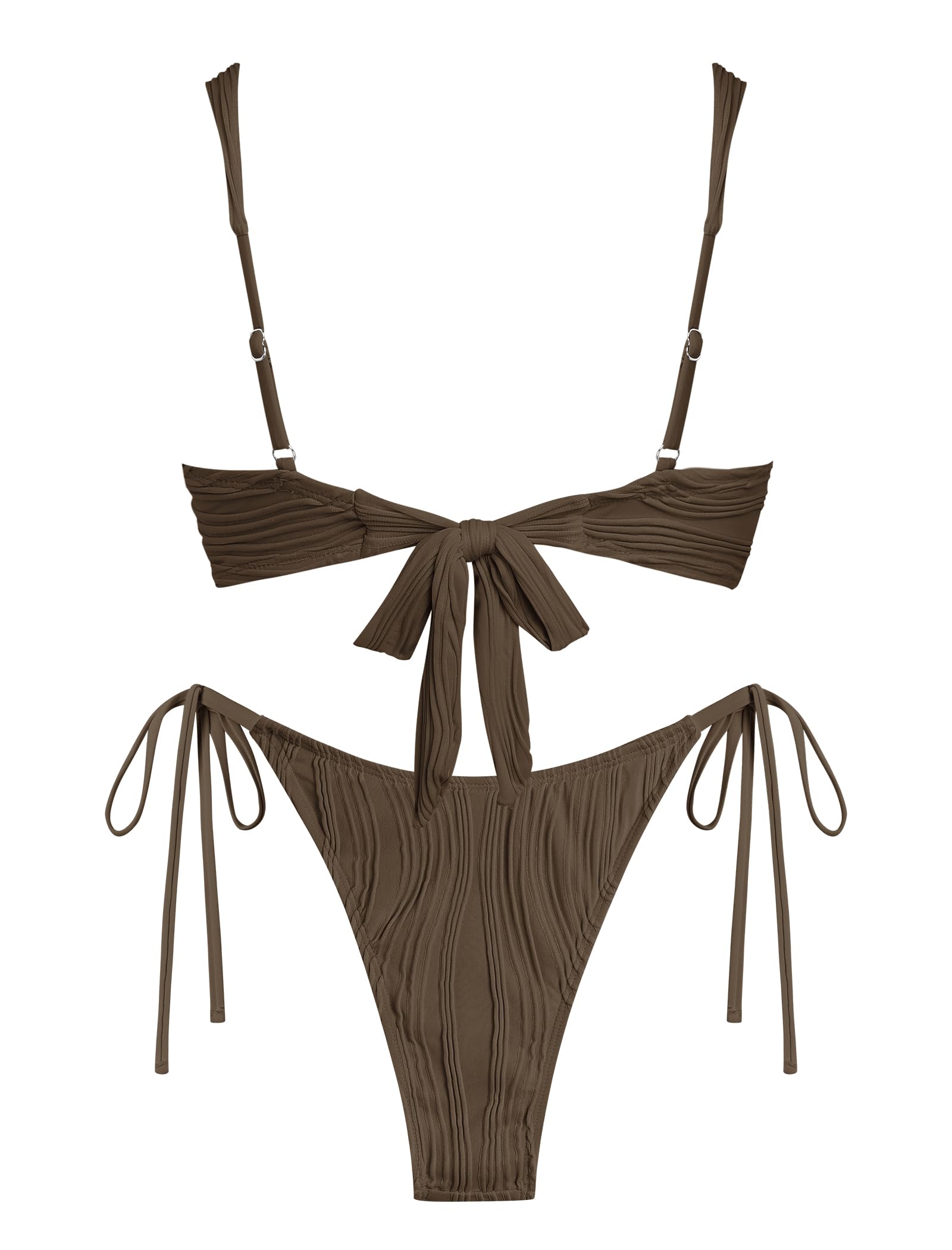 ZAFUL Womens Texture Bikini Sets Knot Front O Ring Tie Wide Straps Swimsuits 2 Pieces String Bathing Suits (1-Brown, L)